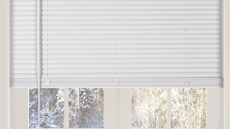 Open white blinds let light and outdoor views into a living room.