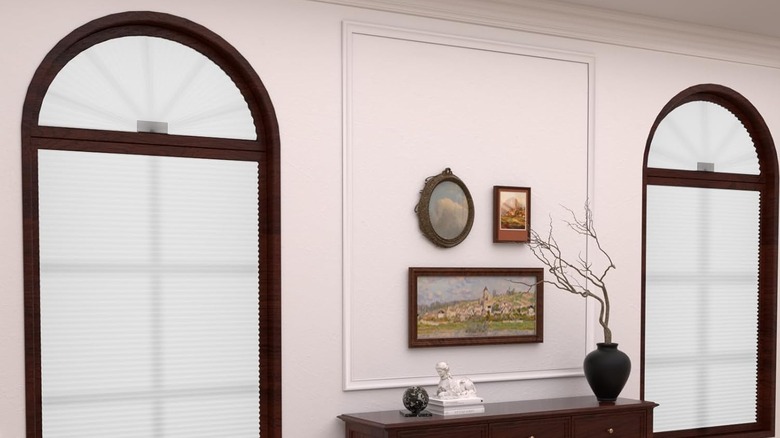 A fan window over double doors is covered with a white shade.