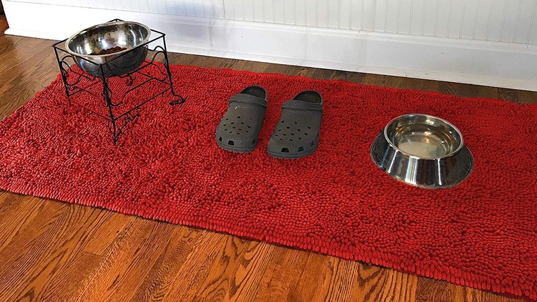 Block clogs and pet dishes on top of a red mat