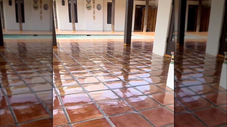 Glazed patio terracotta tiles by a pool