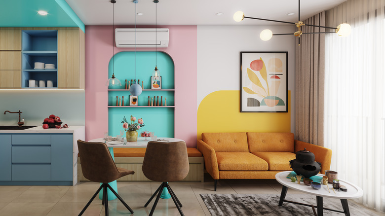 colorful living room and kitchen