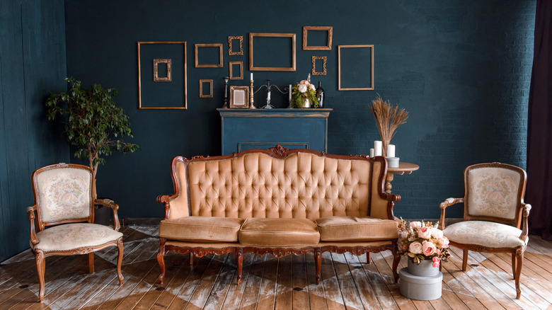 blue living room with vintage furniture