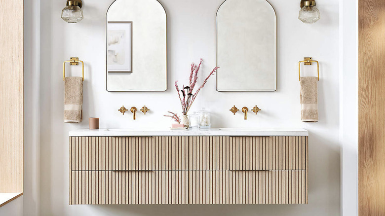 Photo of a bathroom with Crate & Barrel fluted double vanity.