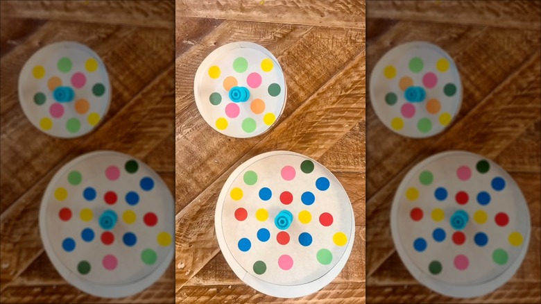 Polka dot spinning tops made of cheese boxes