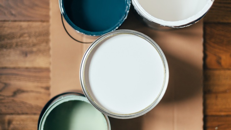 blue and white paint cans