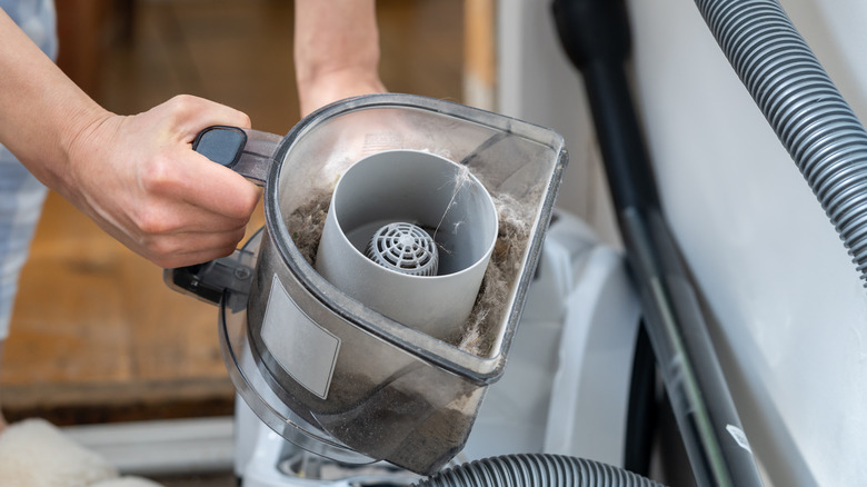 person emptying vacuum dust bin