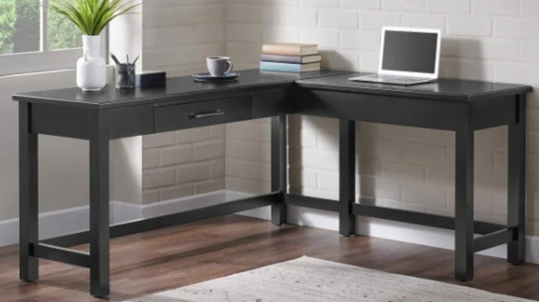 An L-shaped desk fits in the corner of a home office