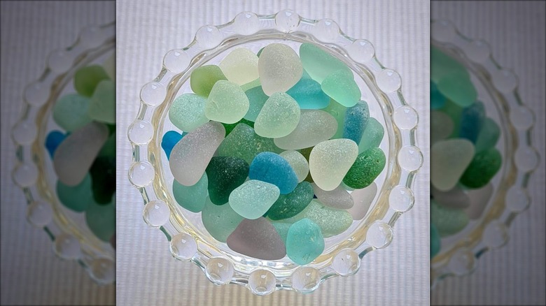 Sea glass in glass candy dish