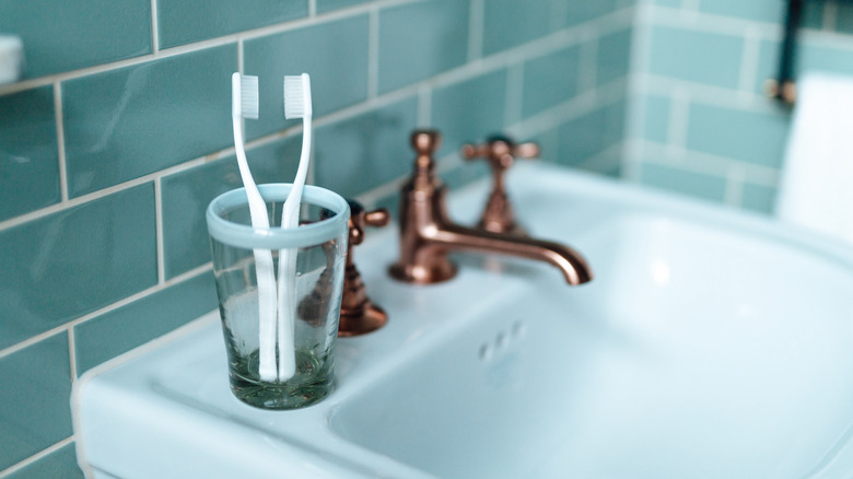 pair of toothbrushes standing in a clear cup on bathroom sink