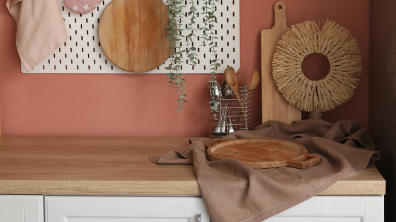 Decorative tea towel on kitchen counter