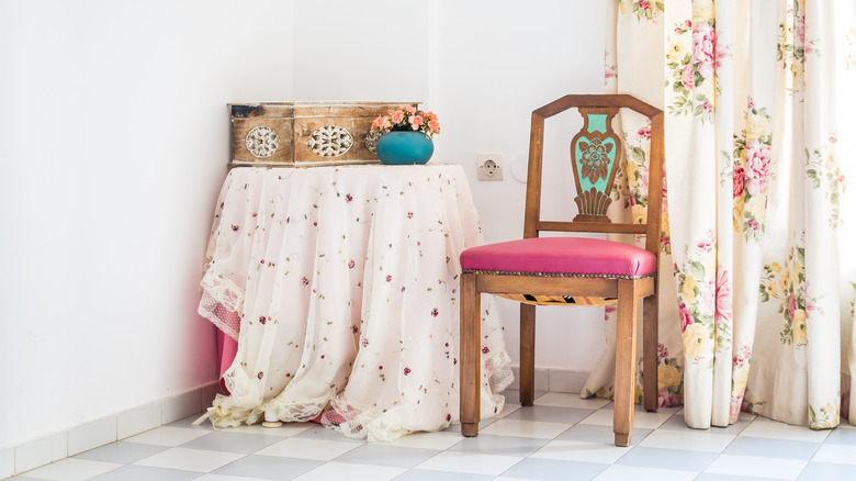 white curtain with floral design