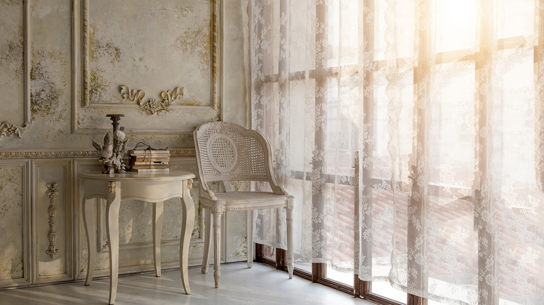 sheer white curtain with flowers