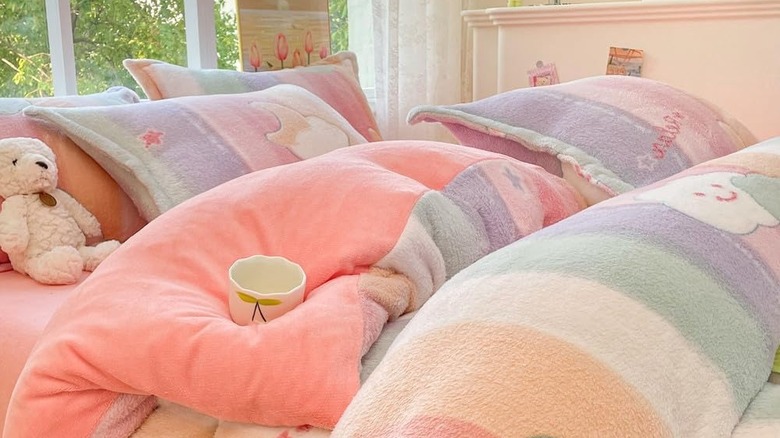 A rainbow duvet cover on a child's bed