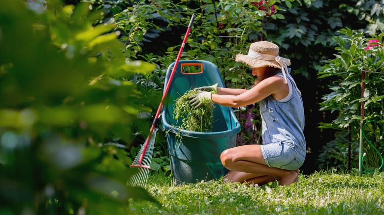 young woman collecting grass clippings