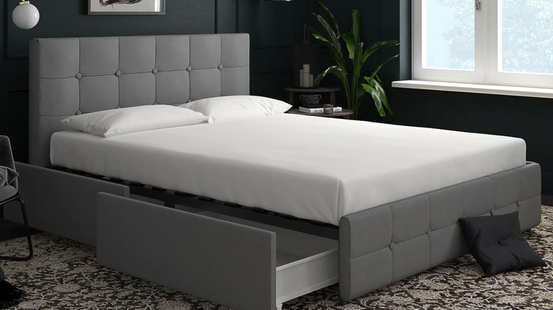 gray bed frame with drawers