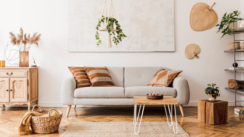 Gray sofa boho living room