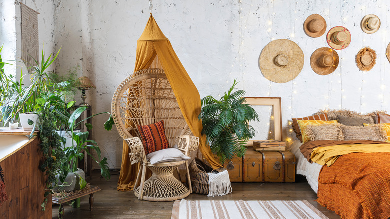 Yellow boho bedroom wicker chair