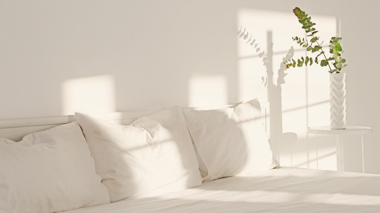 white bedding and white wall