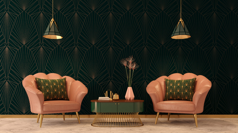 emerald fan wallpaper and peach chairs