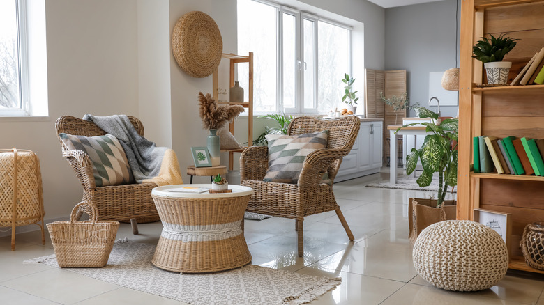 wicker furniture set in living room