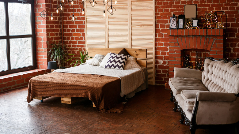 Brick industrial bedroom wood bedframe