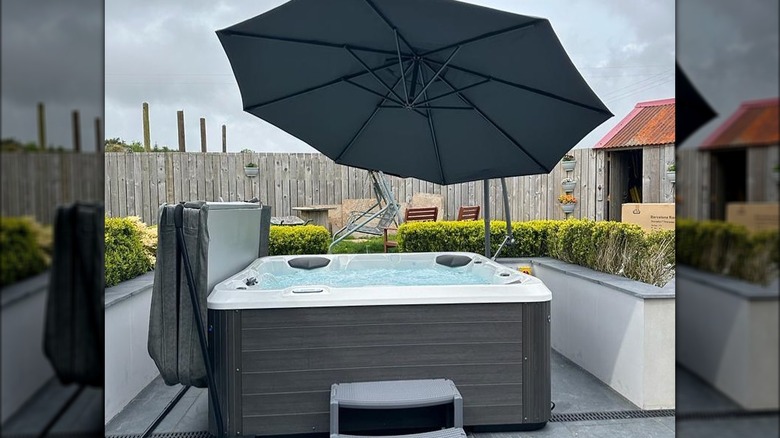 Umbrella over hot tub