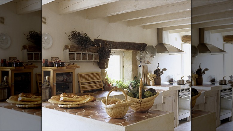 Rustic kitchen with hexagon tiles on the counters