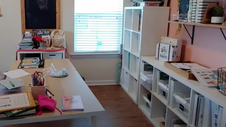 disorganized white and pink classroom