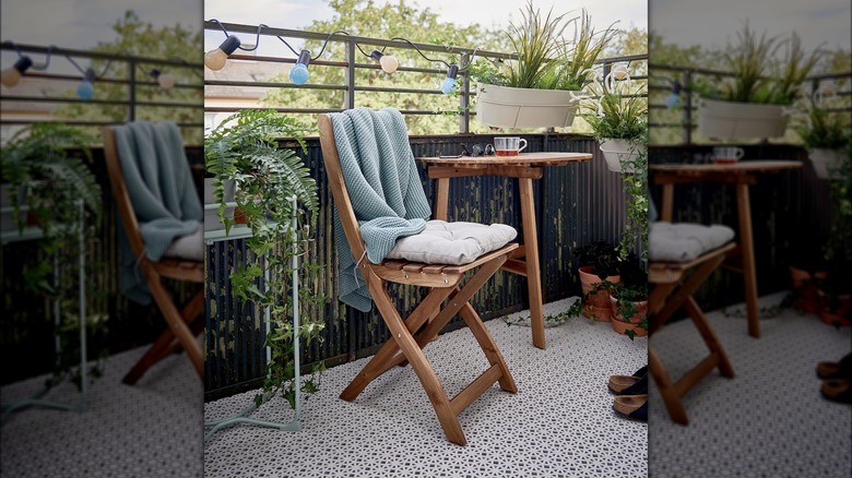 Patterned floor tile is installed in a cozy patio