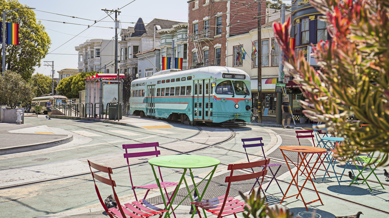 city with trains and patios