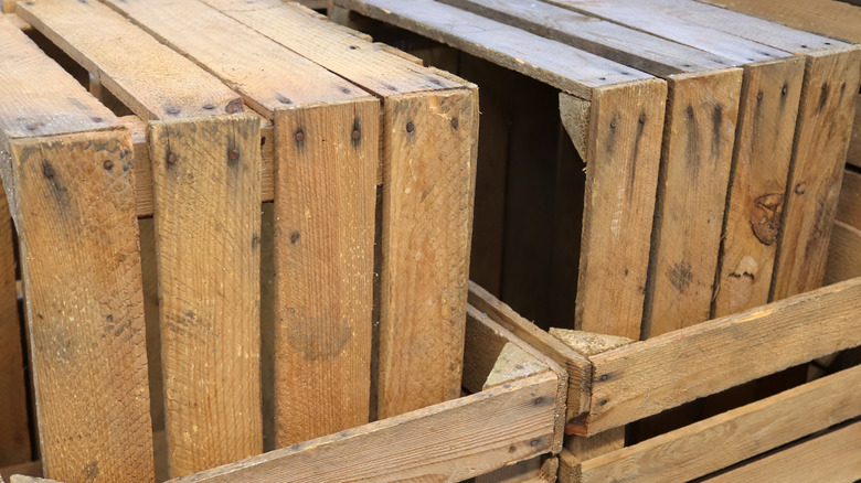 Wooden box crates stacked together