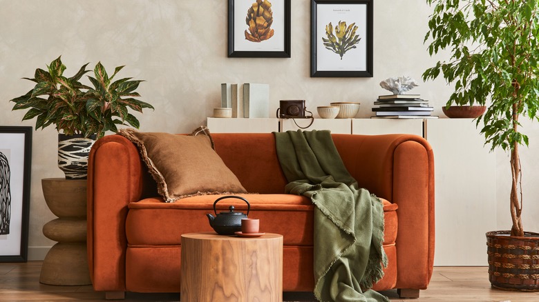 orange couch with green blanket