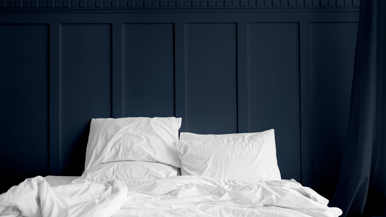 dark blue wall behind bed