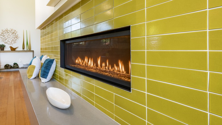 chartreuse tiles around fireplace