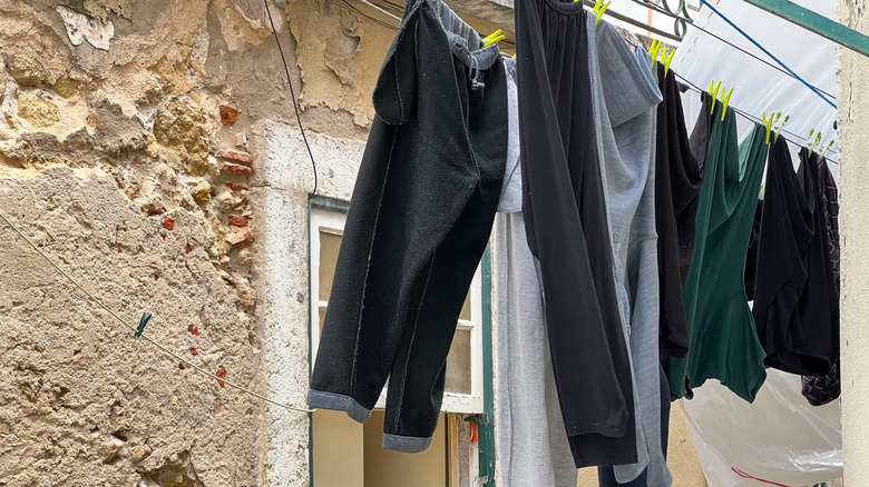 Clothes hanging on a line outside home