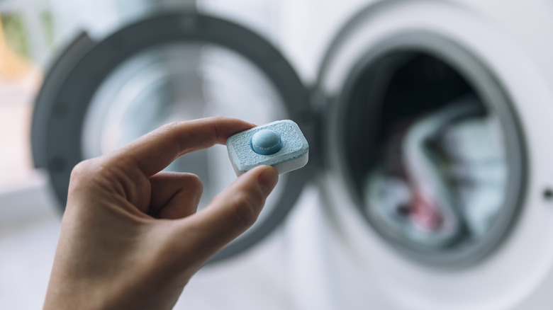 A person holding a laundry pod in front of the washer