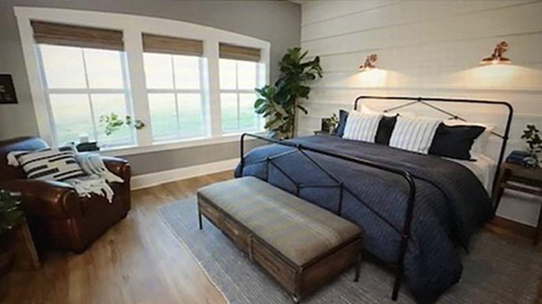 Casual bedroom with shiplap accent wall