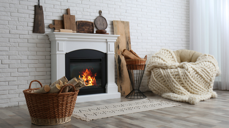 white painted brick fireplace