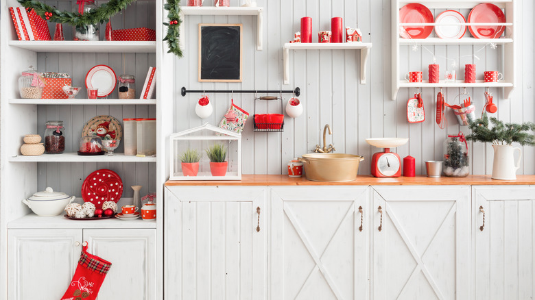 red stocking on kitchen cabinet