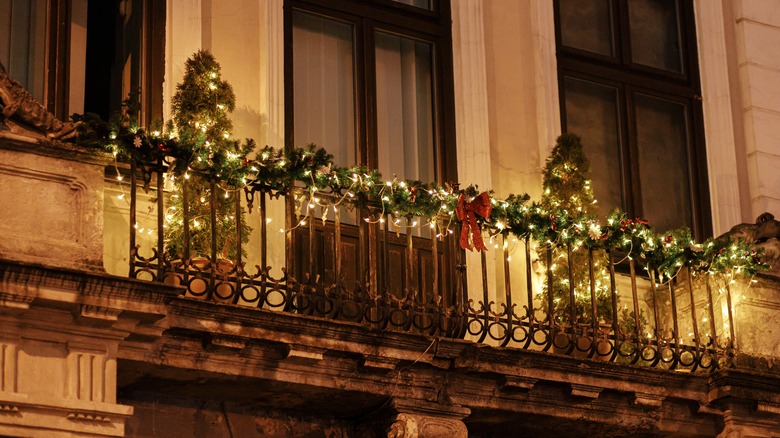 balcony decorated for Christmas