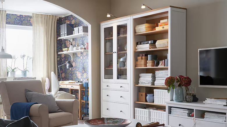 white storage cabinets in living room