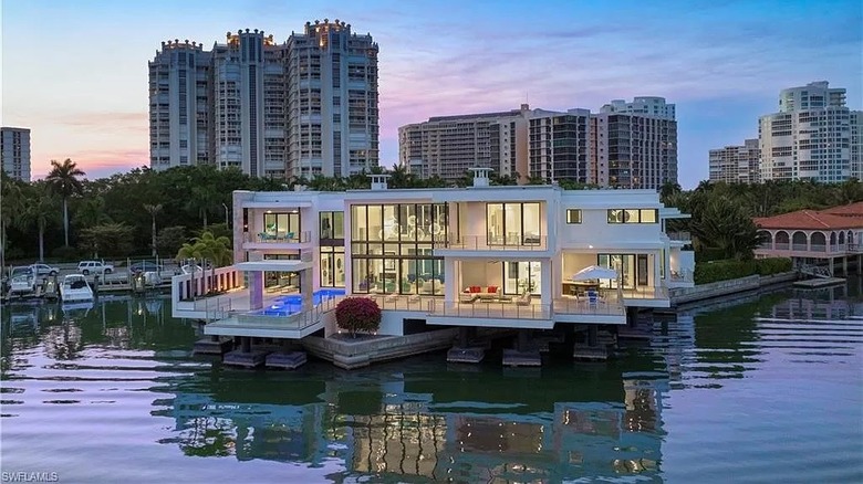 contemporary mansion on the water