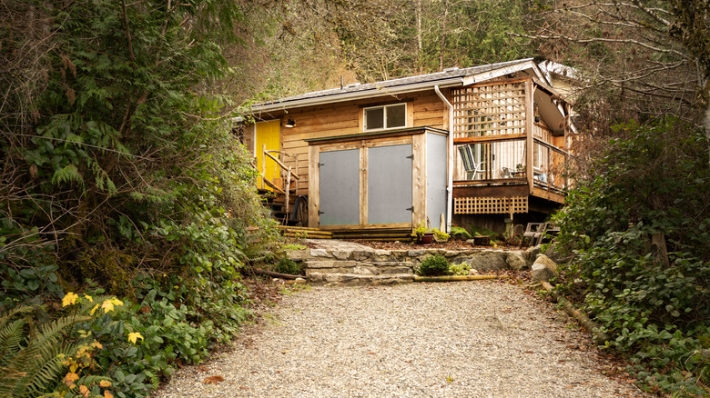 Gravel driveway leading up to a rustic log cabin.