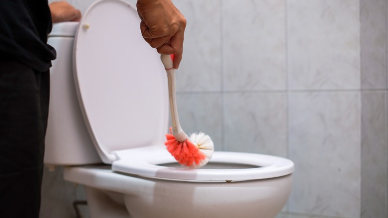 Cleaning toilet with brush