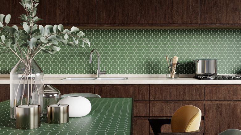 green kitchen tile backsplash