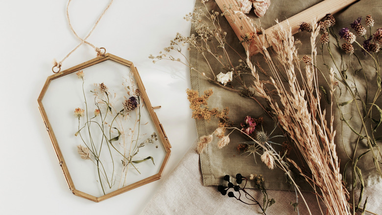 Glass frame with dried flowers