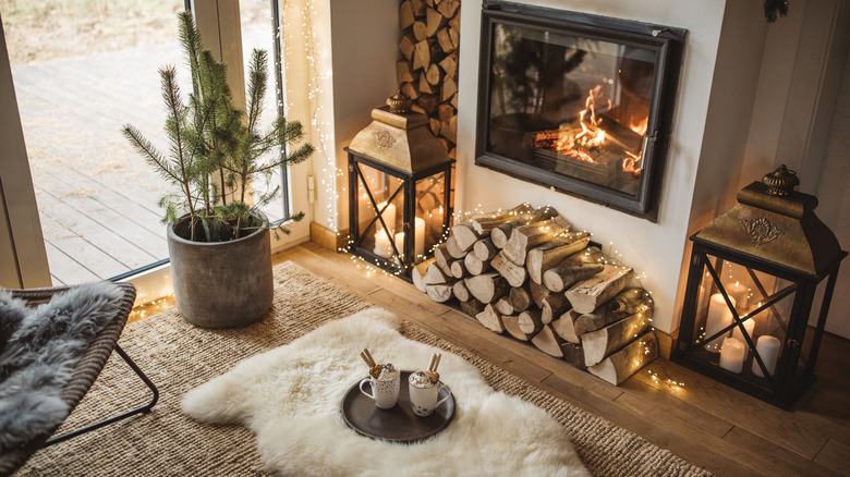 room with firewood and candles