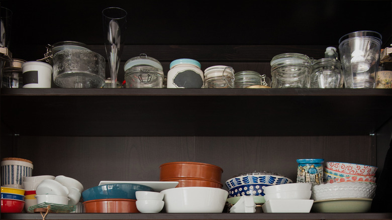 Jars and dishes on shelves