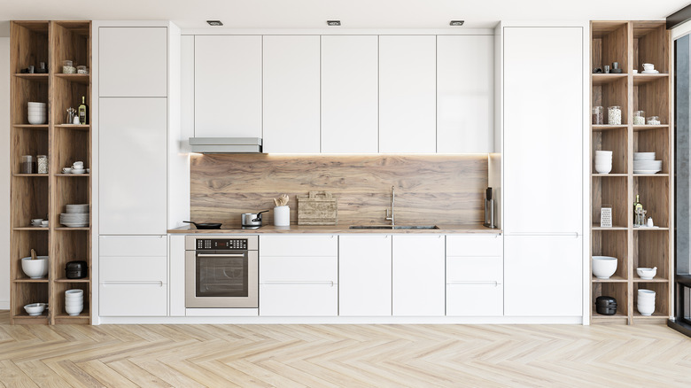 wooden shelves next to cabinets