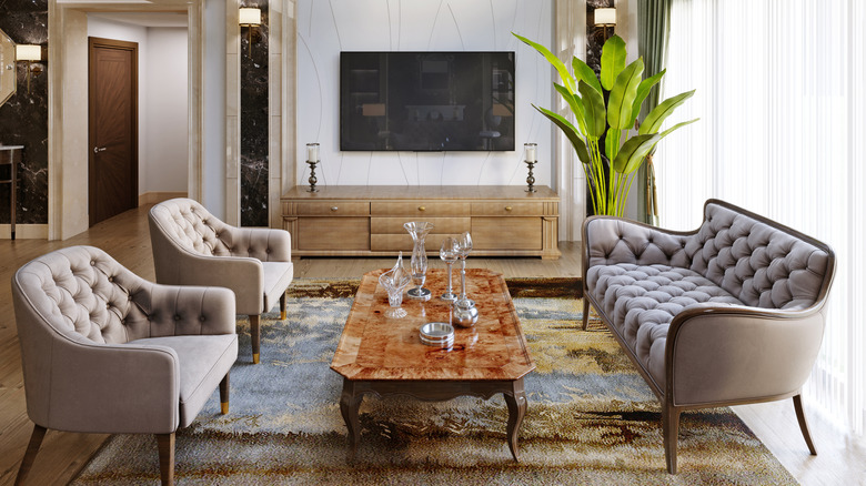 Tufted furniture in living room 